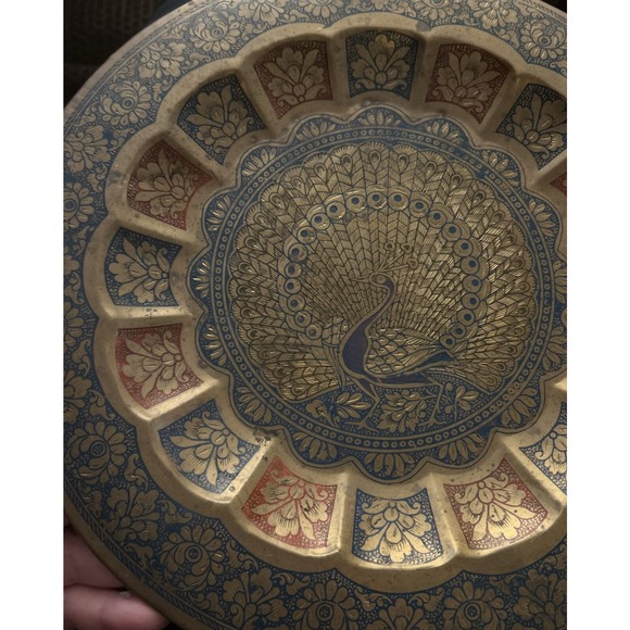 Vintage Brass Peacock Plate Metal Tray Enameled Etched Wall Hanging Decorative - Picture 2 of 11